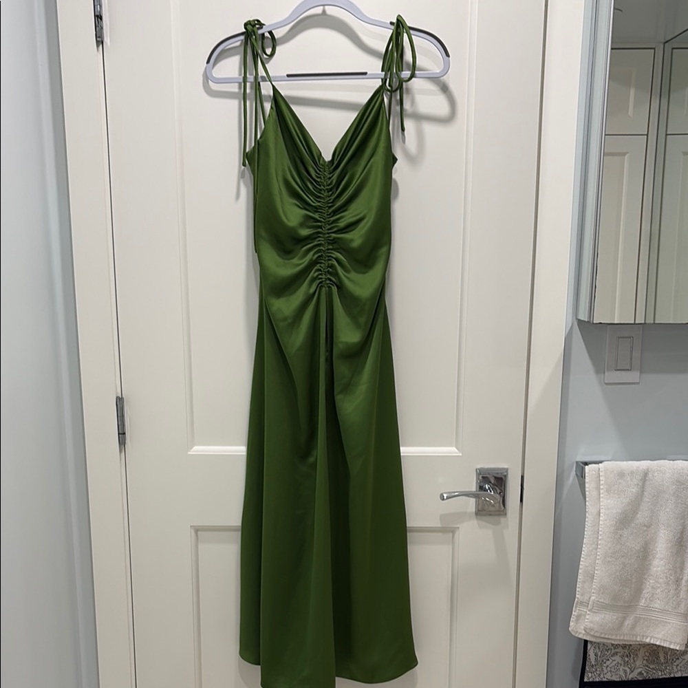 Sandro Green Ruched Sundress with Spaghetti Straps for Cocktail